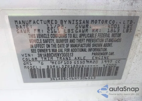 2022 Nissan Sentra Sv Xtronic Cvt z USA, uszkodzony, nr VIN 3N1AB8CV6NY306513